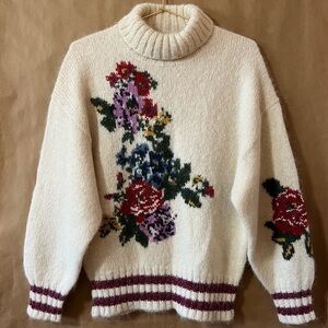 leur logette | Floral Turtleneck Stripe Alpaca Wool Knit Sweater Size L (Size 3)
